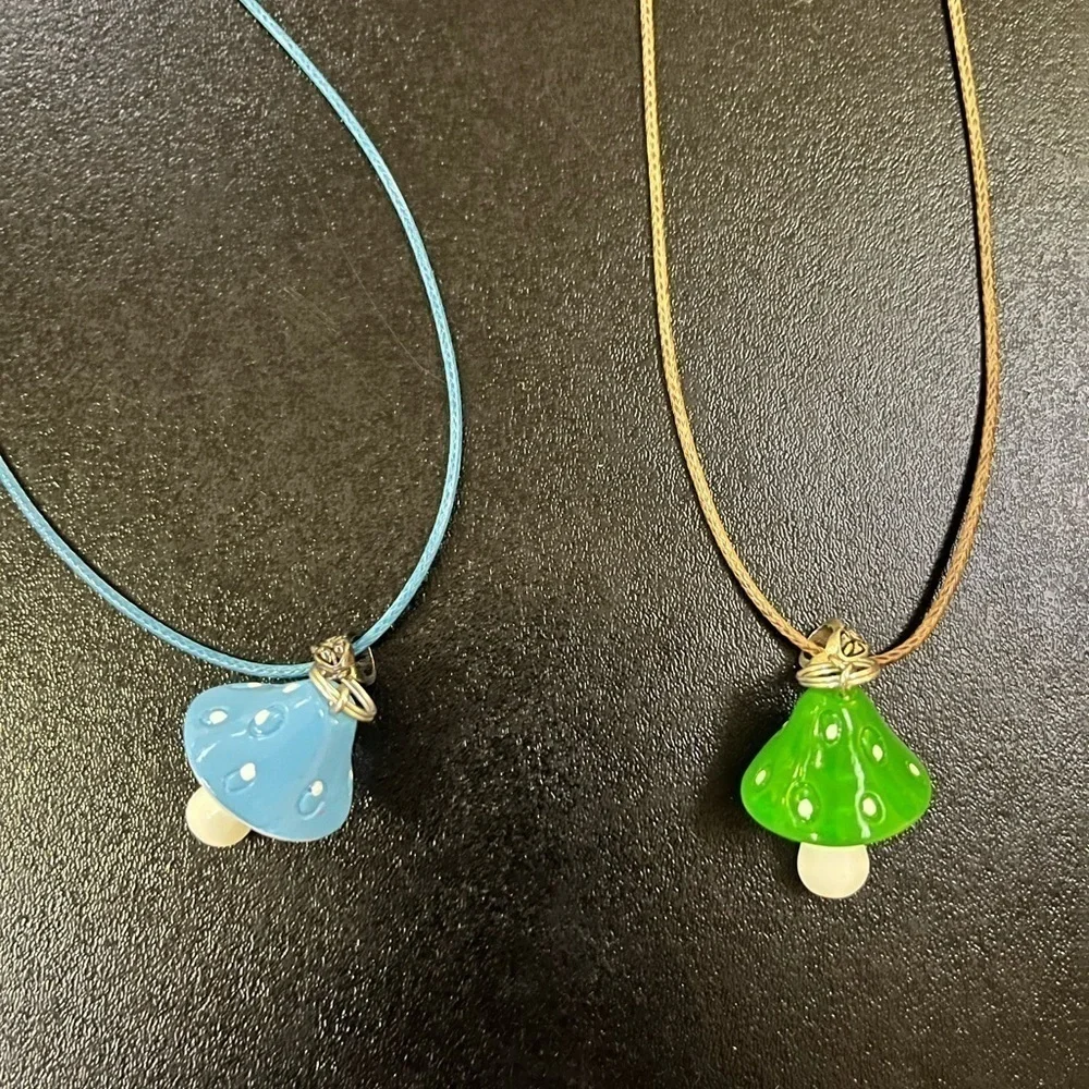 Handmade Mushroom Cottagecore Gardencore Nature two Necklaces Blue Green Trendy